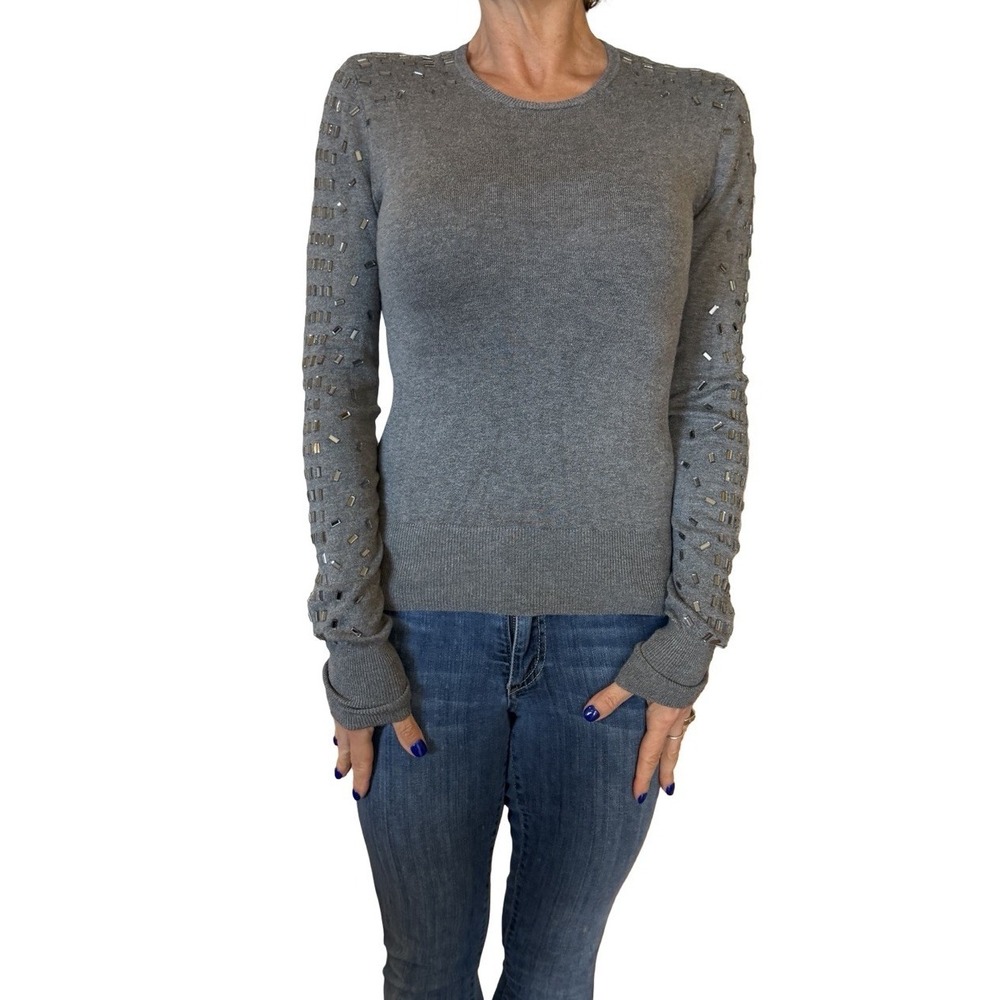 ZARA Gray Knit Sweater Jeweled Embellished Sleeves Crew Pullover 9598/151 Medium